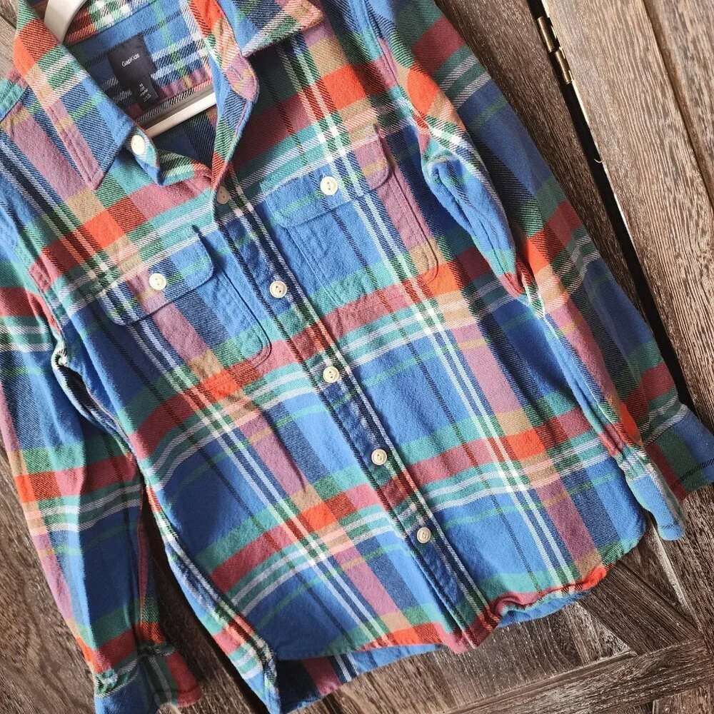 GapKids Blue Plaid Button-up Long Sleeve Heavyweight Flannel Shirt Size 8 Medium